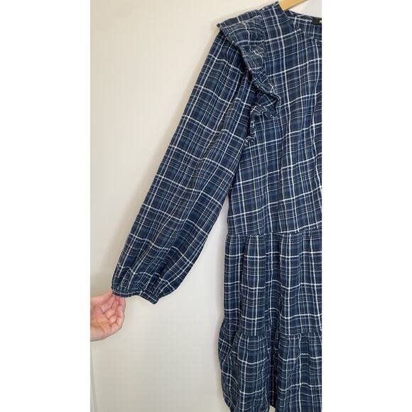 Madewell L Ruffle Trimmed Midi Dress Womens Peasant Blue Plaid Gauze Boho - Picture 4 of 10